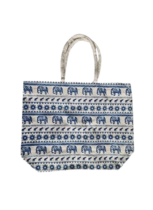 Blue Elephant Print Jute Bag