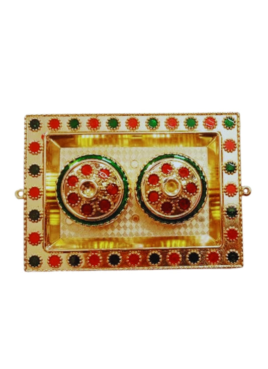 Decorative Kumkum Chandan Box – Rectangle Design (Red-Green-Stones)