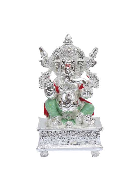 Silver Coated Ganesh Idol on Designer Chowki