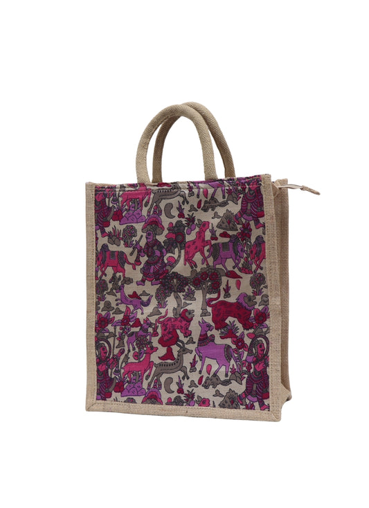 Ethnic Madhubani-Inspired Jute Bag – Purple & Beige