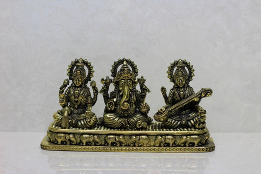 BRASS LAXMI GANESH SARASWATI ON PAWTI (SAUJ) 6*15*3"