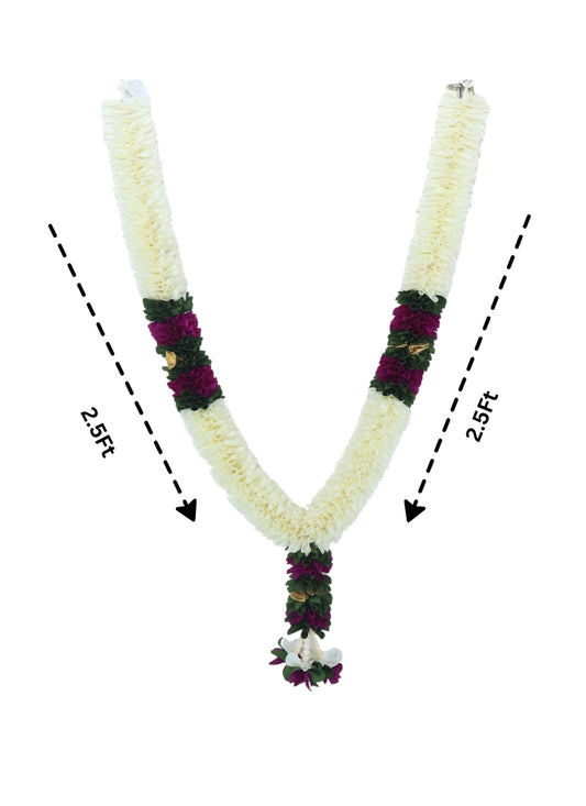 White Jasmine Garland with Purple and Green Floral Patterns - 5ft