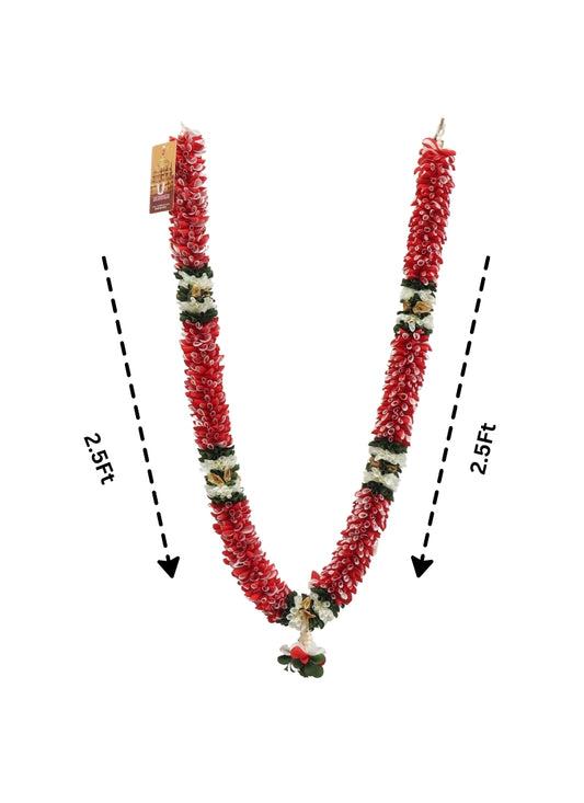 Light red Artificial Garland with White, Green, and Golden Floral Accents- 5ft