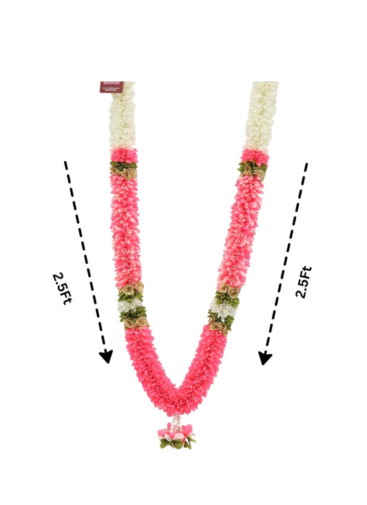 White and Pink Artificial Garland with Green and Golden Floral Accents 5-ft