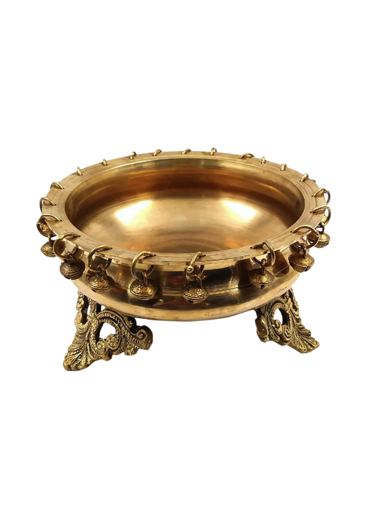 Brass Antique Urli Bowl with Hanging Bells & Ornate Legs