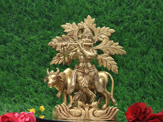 Brass Krishna with Cow Statue