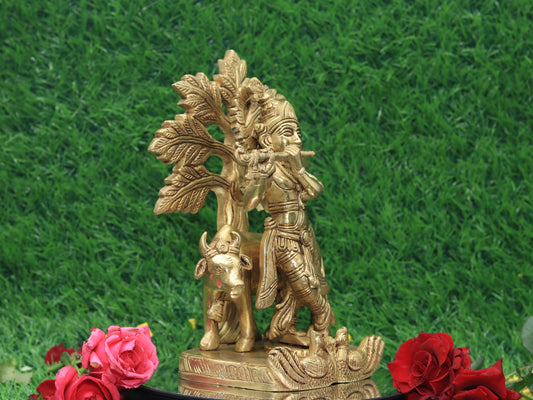 Brass Krishna with Cow Statue