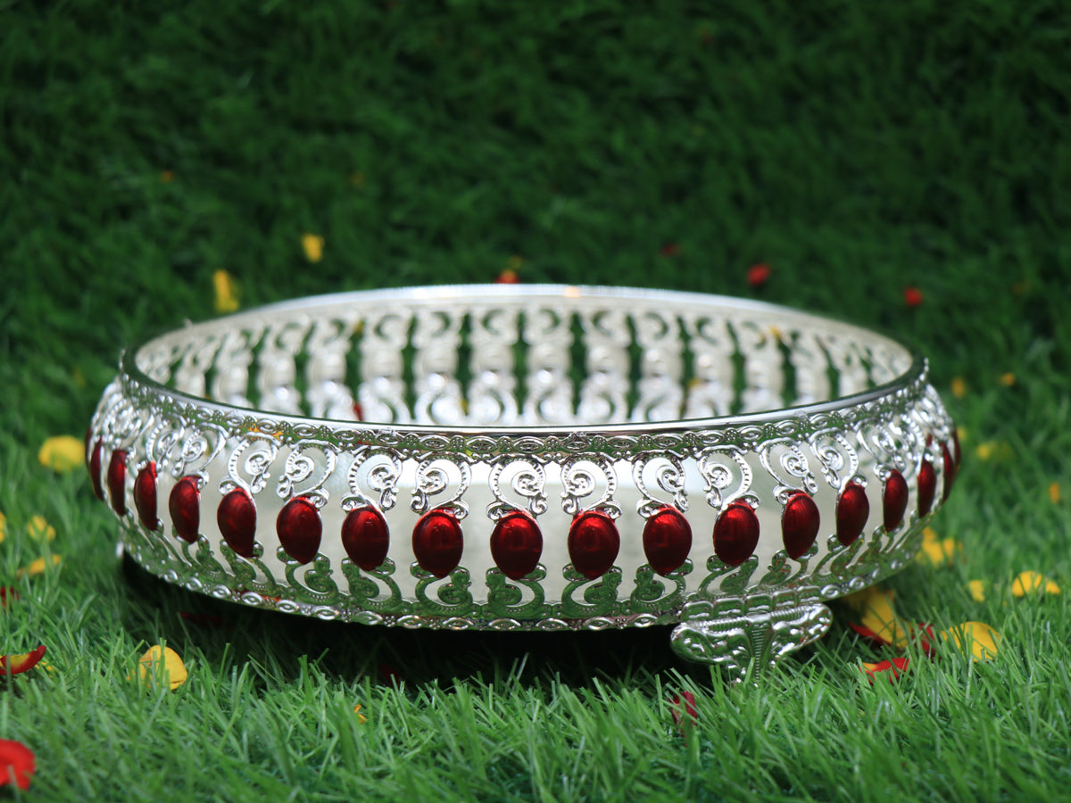 German Silver Red Pooja Thali