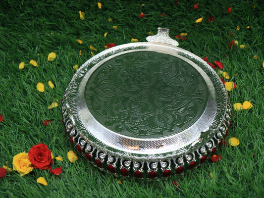 German Silver Red Pooja Thali