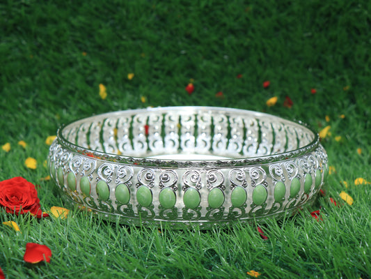 German Silver Green Pooja Thali