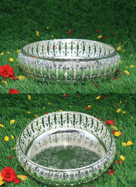 German Silver Green Pooja Thali
