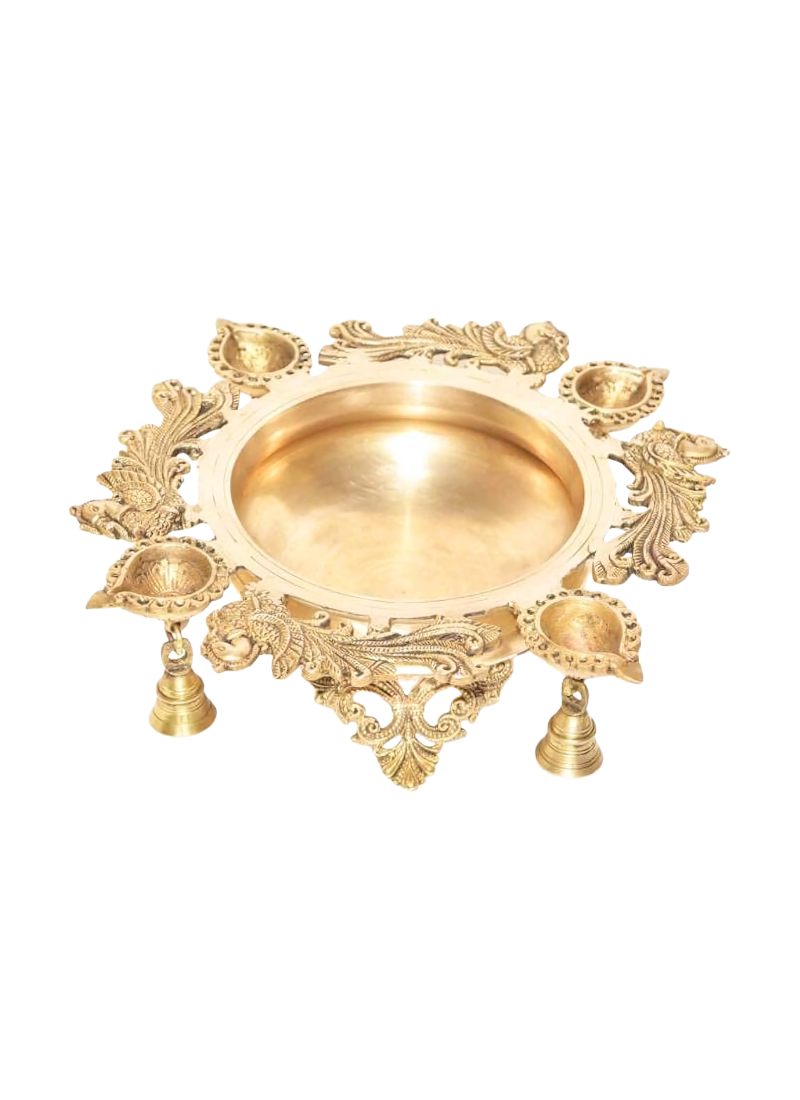 Brass Urli with Attached Diyas & Peacock Motifs