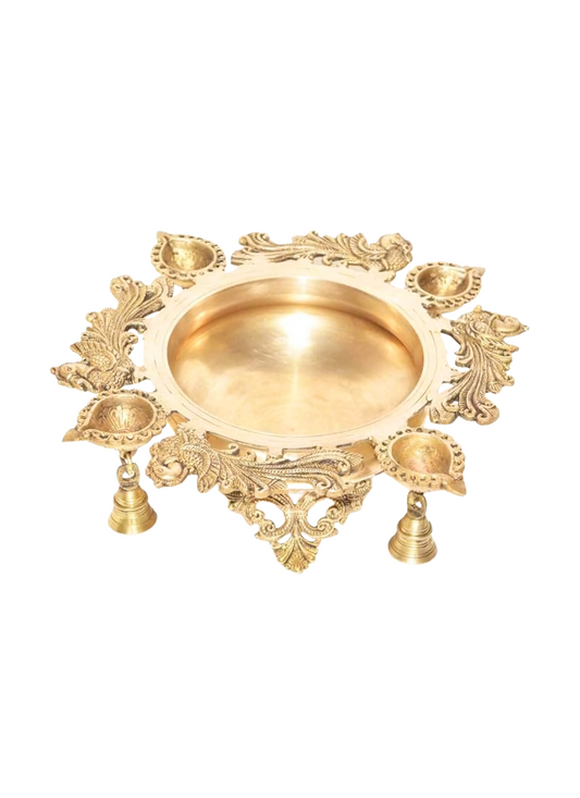 Brass Urli with Attached Diyas & Peacock Motifs