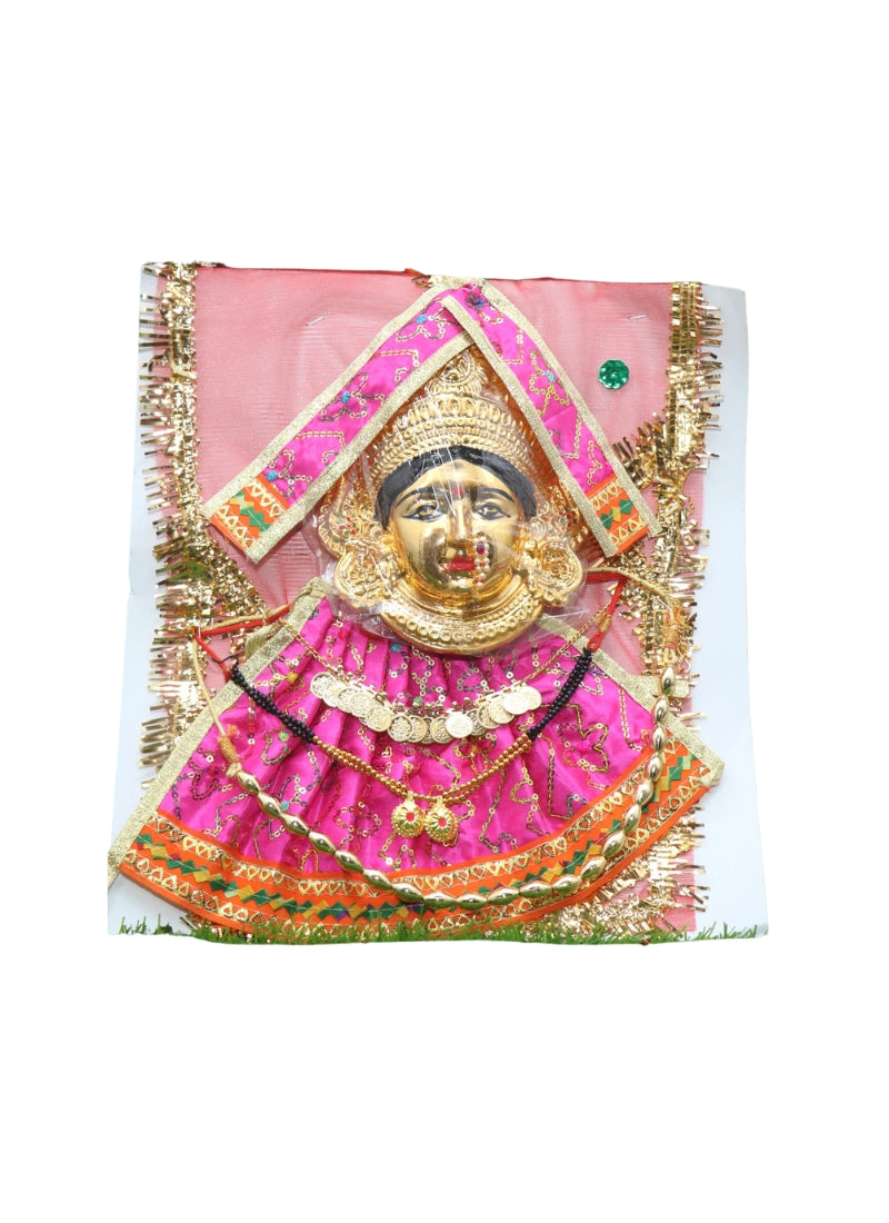 Varalaxmi Goddess Face Set Velvet Idol with Embroidery Dress & Jewelry – Pink