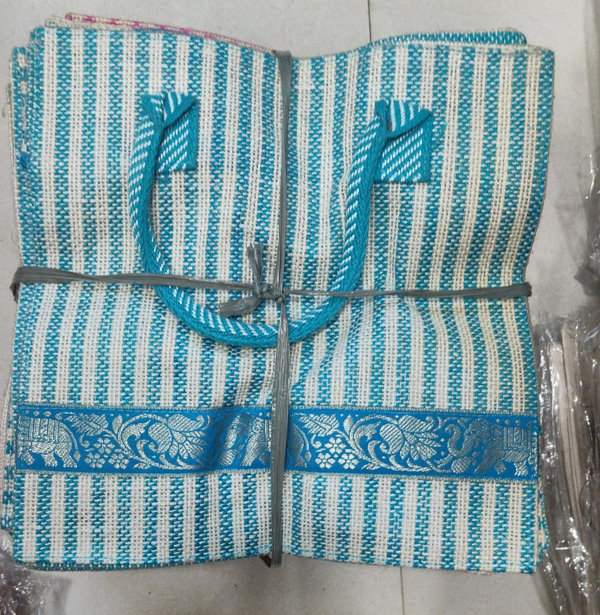 Vertical Striped Jute Shopping Bag