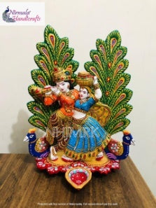 METAL HANDPAINTED PEACOCOK RADHA KRISHNA DIYA (UZZ)