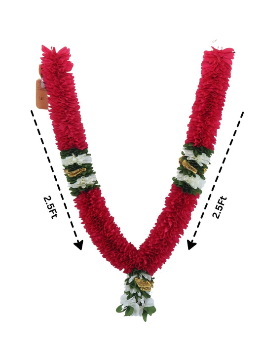 Red Artificial Garland with White, Green, and Golden Floral Accents -5ft